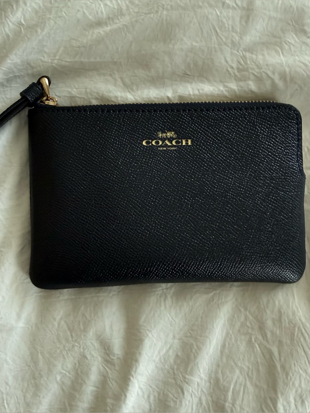 Coach Midnight Saffiano Leather Zip Wristlet with Gold Logo